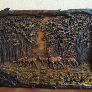 3D Wooden Picture Wood Carving Wall Art Handcarved Wood Carving Mood Pictures Roe Deers Family Picture Wall Hanging Natural Wood Nature Art