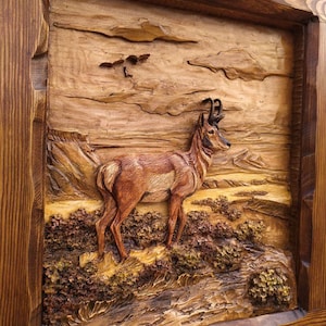 3D Wooden Picture Wood Carving Wall Art Handcarved Wood Carving Pronghorn Antelope Picture Mood Pictures Wildlife Habitat Wooden Art Decor