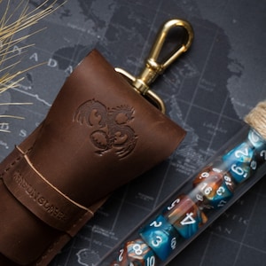RPG Dice Potion Bag With Fantasy Dice Potion Flask Set: Dark Brown Leather Single Potion Bag with Leather Stamped and Dice Potion Flask