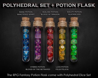 Polyhedral Dice Set of 7 with RPG Fantasy Potion Flask | Dice Holder Storage Organizer for Dragons MTG Tabletop gaming Adventure Dungeons