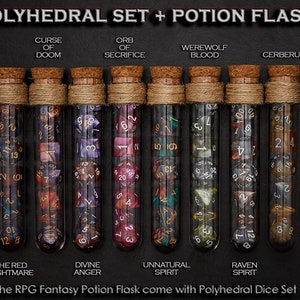 Polyhedral Dice Set of 7 with RPG Fantasy Potion Flask | Dice Holder Storage Organizer for Dragons MTG Tabletop gaming Adventure Dungeons