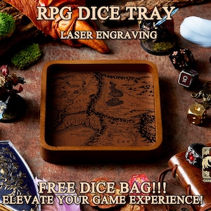 May include: A wooden dice tray with a laser engraved map design. The tray is brown with a light brown map design. The text "RPG DICE TRAY" and "LASER ENGRAVING" is visible on the image.