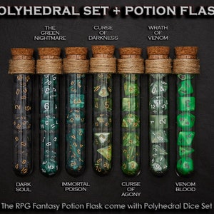 Polyhedral Dice Set of 7 with RPG Fantasy Potion Flask | Dice Holder Storage Organizer for Dragons MTG Tabletop gaming Adventure Dungeons