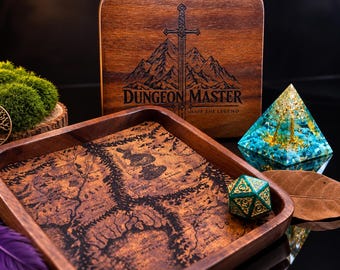 Double-Sided Wooden Tray with Personalized : Leather Inlay, Custom Back, RPG Gift (No Dice)