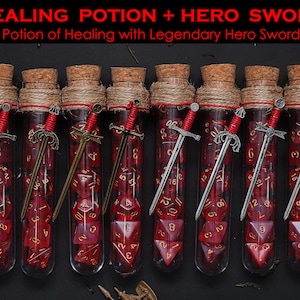 Potion of Healing & Legendary Hero Sword : Polyhedral Dice Set of 7 with RPG Fantasy Potion Flask | Dragons MTG Tabletop Adventure Dungeons