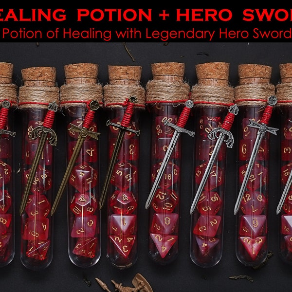 Potion of Healing & Legendary Hero Sword : Polyhedral Dice Set of 7 with RPG Fantasy Potion Flask | Dragons MTG Tabletop Adventure Dungeons