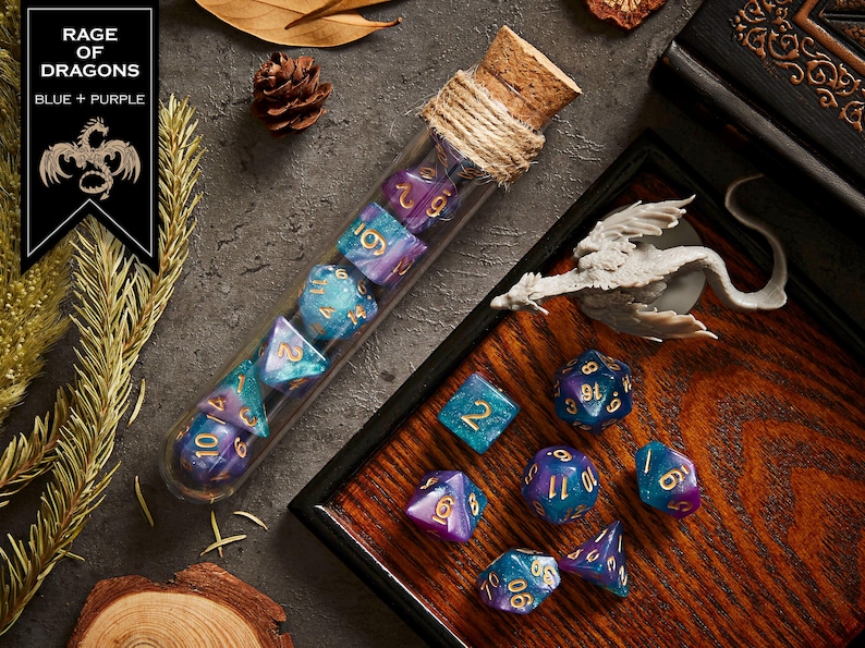 Polyhedral Dice Set of 7 with RPG Fantasy Potion Flask- D&D DnD TRPG MTG RAGE OF DRAGONS