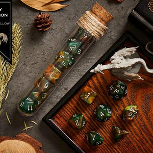 Polyhedral Dice Set of 7 with RPG Fantasy Potion Flask- D&D DnD TRPG MTG HOLY ERUPTION
