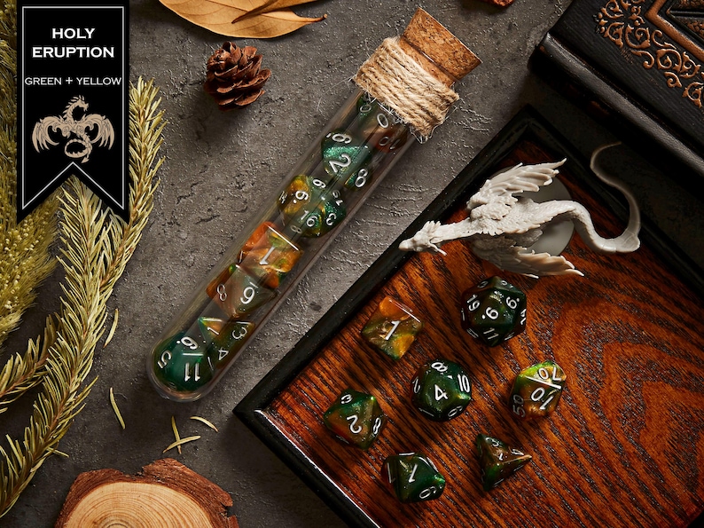 Polyhedral Dice Set of 7 with RPG Fantasy Potion Flask- D&D DnD TRPG MTG HOLY ERUPTION