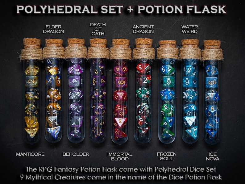 Polyhedral Dice Set of 7 with RPG Fantasy Potion Flask 2 | Dungeons and Dragons Dice | DnD Dice Set | D&D Dice 
