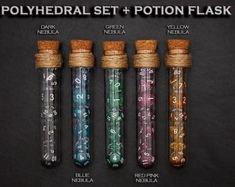 Juego de 7 dados poliédricos con frasco de poción de fantasía para juegos de rol - D&D, DnD, TRPG, MTG