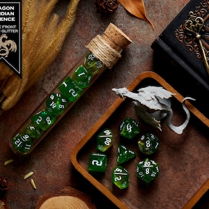 Polyhedral Dice Set of 7 with RPG Fantasy Potion Flask- D&D DnD TRPG MTG DRAGON VIRIDIAN