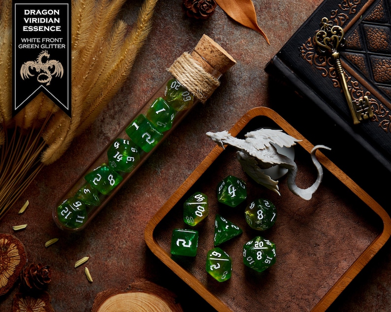 Polyhedral Dice Set of 7 with RPG Fantasy Potion Flask- D&D DnD TRPG MTG DRAGON VIRIDIAN