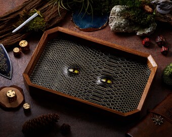 BEHOLDER Octagon Dice Tray | Black Gold Faux Leather & Green eye | Dice Storage Tray for Dragons MTG RPG Tabletop gaming Adventure Dungeons