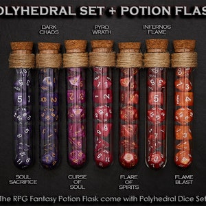 Polyhedral Dice Set of 7 with RPG Fantasy Potion Flask | Dice Holder Storage Organizer for Dragons MTG Tabletop gaming Adventure Dungeons