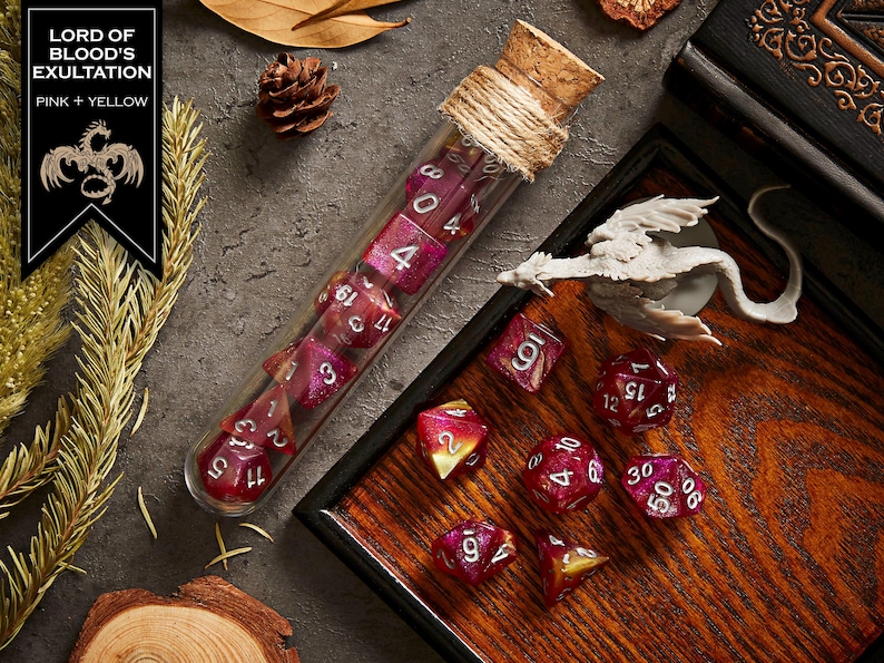 Polyhedral Dice Set of 7 with RPG Fantasy Potion Flask- D&D DnD TRPG MTG LORD OF BLOOD'S
