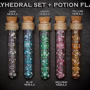 Polyhedral Dice Set of 7 with RPG Fantasy Potion Flask | Dice Holder Storage Organizer for Dragons MTG Tabletop gaming Adventure Dungeons