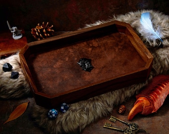 Dragon Shield Octagon Dice Tray: Antique Brown Leather & East Indian Walnut