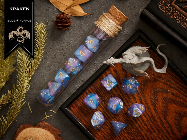 Polyhedral Dice Set of 7 with RPG Fantasy Potion Flask- D&D DnD TRPG MTG KRAKEN