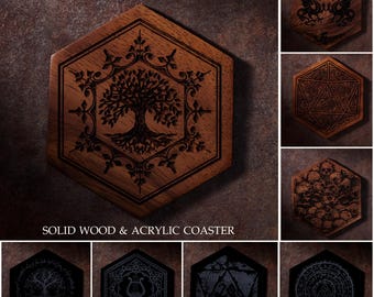 Engraved Wood & Acrylic DnD Coaster: Hexagon RPG Tabletop Accessory