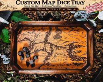 Custom Map Walnut Wood Dice Tray With Inner Leather :  RPG Tabletop Gaming Accessory