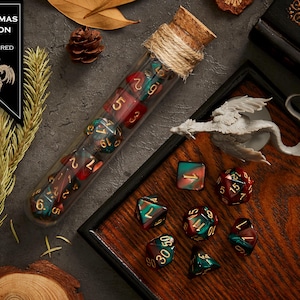 Polyhedral Dice Set of 7 with RPG Fantasy Potion Flask- D&D DnD TRPG MTG CHRISTMAS DRAGON