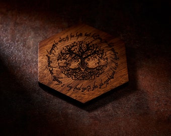 Tree of Life Coaster: Engraved East Indian Wood Hexagon Cup Holder