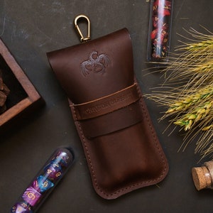 RPG Dice Potion Bag With Fantasy Dice Potion Flask Set: Dark Brown Leather Double Potion Bag with Leather Stamped and Dice Potion Flask