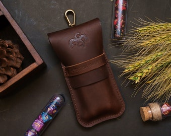 Leather RPG Dice Bag: Dark Brown, with Fantasy Potion Flask Set