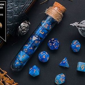 Polyhedral Dice Set of 7 with RPG Fantasy Potion Flask- D&D DnD TRPG MTG Mana Potion Flask