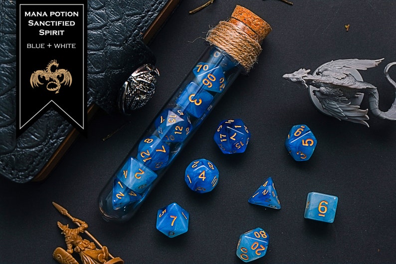 Polyhedral Dice Set of 7 with RPG Fantasy Potion Flask- D&D DnD TRPG MTG Mana Potion Flask