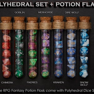 Juego de 7 dados poliédricos con frasco de poción de fantasía para juegos de rol - D&D, DnD, TRPG, MTG