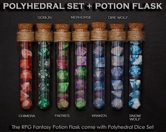 Juego de 7 dados poliédricos con frasco de poción de fantasía para juegos de rol - D&D, DnD, TRPG, MTG