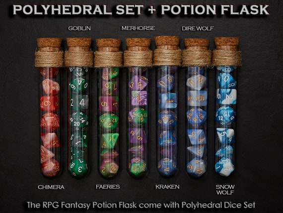 Polyhedral Dice Set of 7 with RPG Fantasy Potion Flask- D&D DnD TRPG MTG