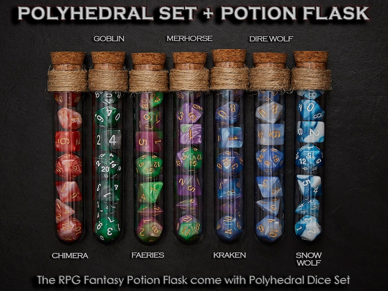 Polyhedral Dice Set of 7 with RPG Fantasy Potion Flask- D&D DnD TRPG MTG image 1