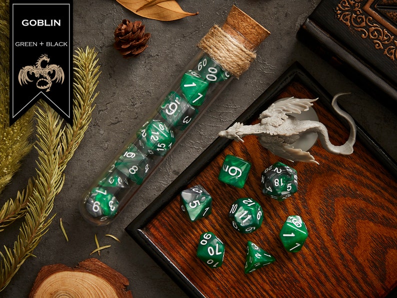 Polyhedral Dice Set of 7 with RPG Fantasy Potion Flask- D&D DnD TRPG MTG GOBLIN