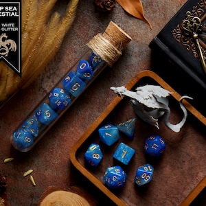 Polyhedral Dice Set of 7 with RPG Fantasy Potion Flask- D&D DnD TRPG MTG DEEP SEA CELESTIAL