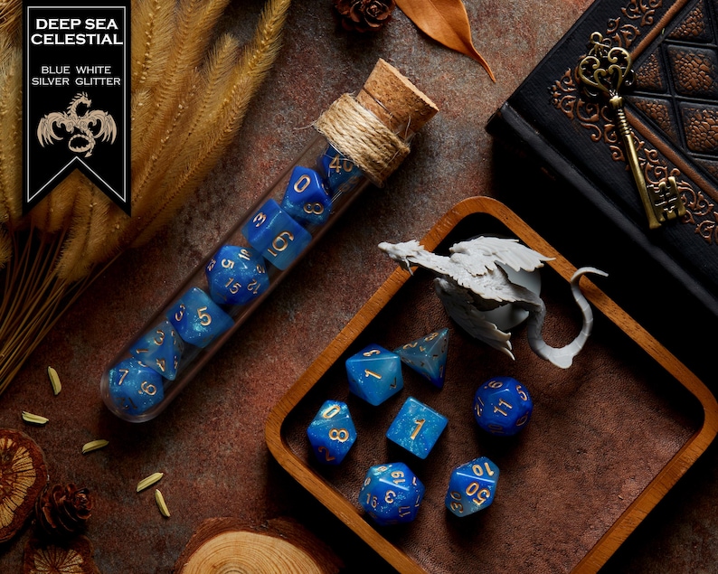 Polyhedral Dice Set of 7 with RPG Fantasy Potion Flask- D&D DnD TRPG MTG DEEP SEA CELESTIAL