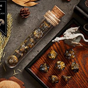 Polyhedral Dice Set of 7 with RPG Fantasy Potion Flask- D&D DnD TRPG MTG PURGE SOUL