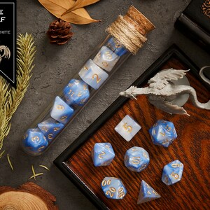 Polyhedral Dice Set of 7 with RPG Fantasy Potion Flask- D&D DnD TRPG MTG DIRE WOLF