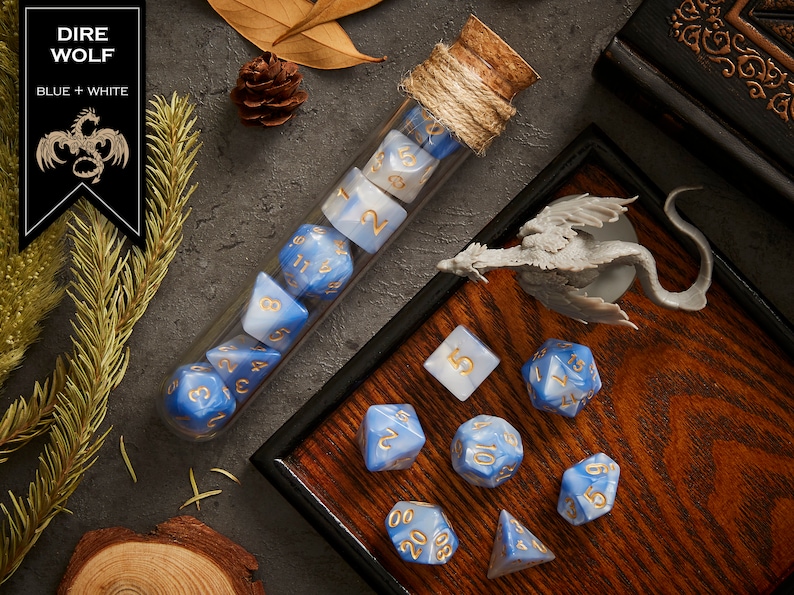 Polyhedral Dice Set of 7 with RPG Fantasy Potion Flask- D&D DnD TRPG MTG DIRE WOLF
