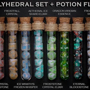 Polyhedral Dice Set of 7 with RPG Fantasy Potion Flask- D&D DnD TRPG MTG image 2