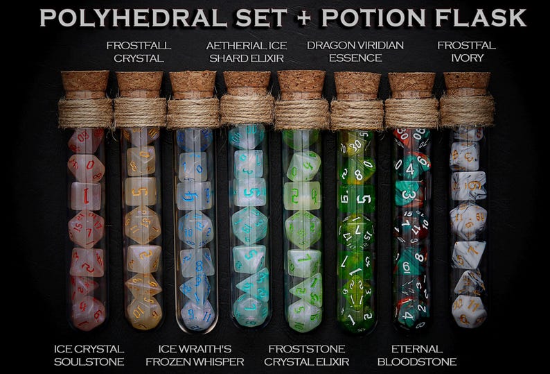 Polyhedral Dice Set of 7 with RPG Fantasy Potion Flask- D&D DnD TRPG MTG image 2
