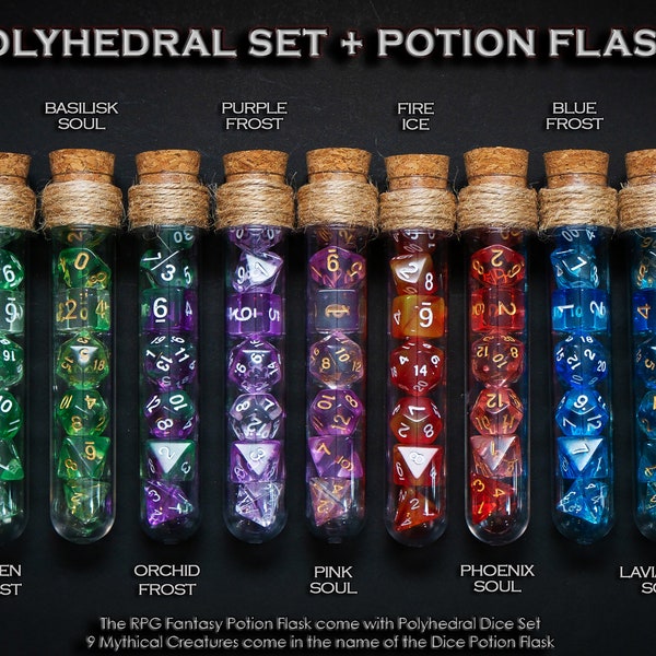 Polyhedral Dice Set of 7 with RPG Fantasy Potion Flask | Dice Holder Storage Organizer for Dragons MTG Tabletop gaming Adventure Dungeons