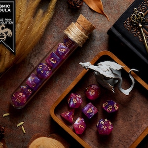 Polyhedral Dice Set of 7 with RPG Fantasy Potion Flask- D&D DnD TRPG MTG COSMIC NEBULA