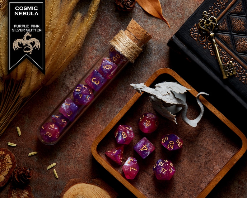 Polyhedral Dice Set of 7 with RPG Fantasy Potion Flask- D&D DnD TRPG MTG COSMIC NEBULA