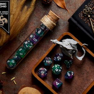 Polyhedral Dice Set of 7 with RPG Fantasy Potion Flask- D&D DnD TRPG MTG COSMIC ORCHID