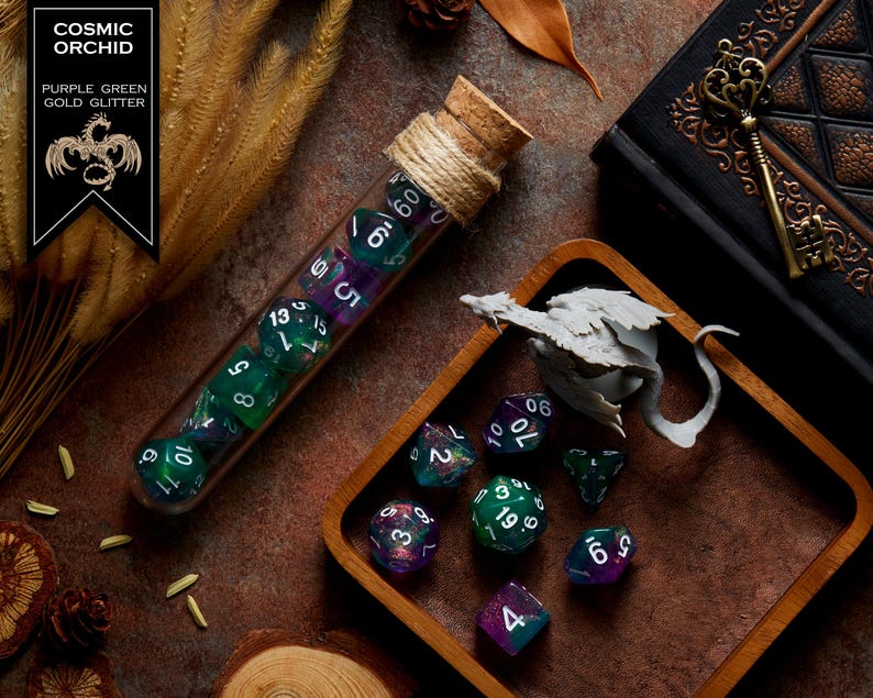 Polyhedral Dice Set of 7 with RPG Fantasy Potion Flask- D&D DnD TRPG MTG COSMIC ORCHID