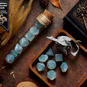 Polyhedral Dice Set of 7 with RPG Fantasy Potion Flask- D&D DnD TRPG MTG AETHERIAL ICE SHARD