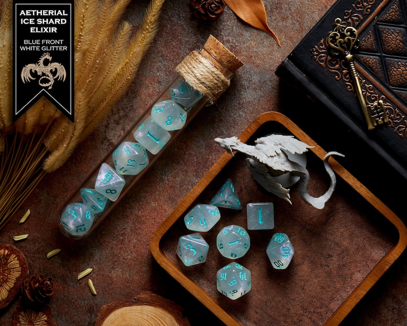 Polyhedral Dice Set of 7 with RPG Fantasy Potion Flask- D&D DnD TRPG MTG AETHERIAL ICE SHARD